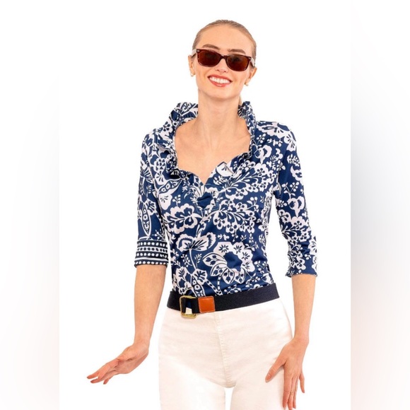 GRETCHEN SCOTT RUFF NECK 3/4 SLEEVE JERSEY TOP - NAVY FLORA Size L